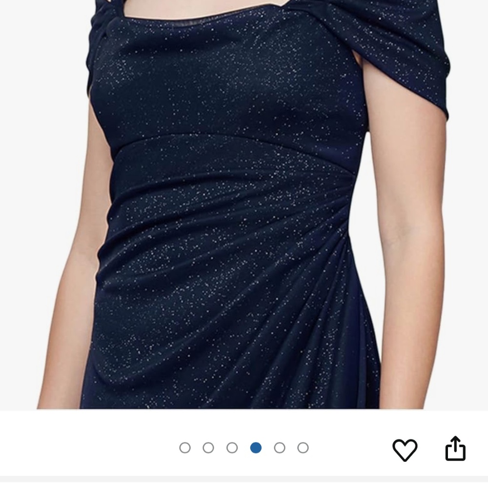 Alex Evenings Cold Shoulder Glitter Mesh Navy Dress Draped Skirt & Cowl Neckline - Picture 5 of 14